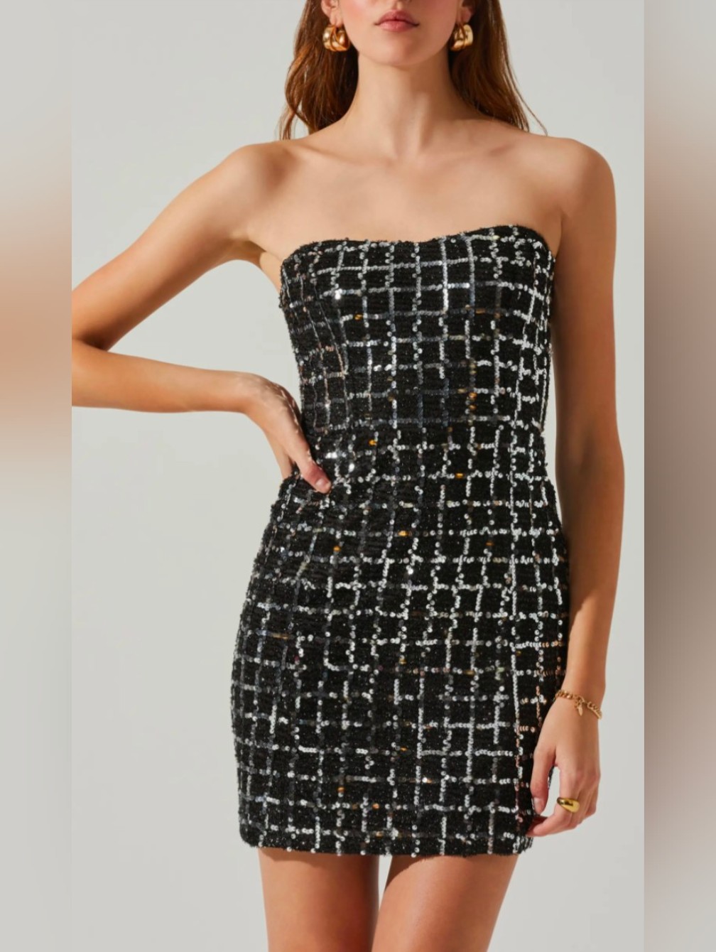 Astr The Label Carmen Sequin Check Strapless Tweed Minidress | Size S